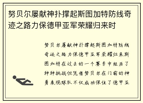 努贝尔屡献神扑撑起斯图加特防线奇迹之路力保德甲亚军荣耀归来时 努贝尔屡献神扑撑起斯图加特防线奇迹之路力保德甲亚军荣耀归来时