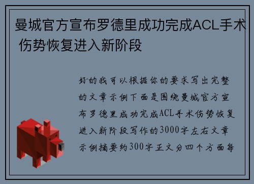 曼城官方宣布罗德里成功完成ACL手术 伤势恢复进入新阶段 曼城官方宣布罗德里成功完成ACL手术 伤势恢复进入新阶段